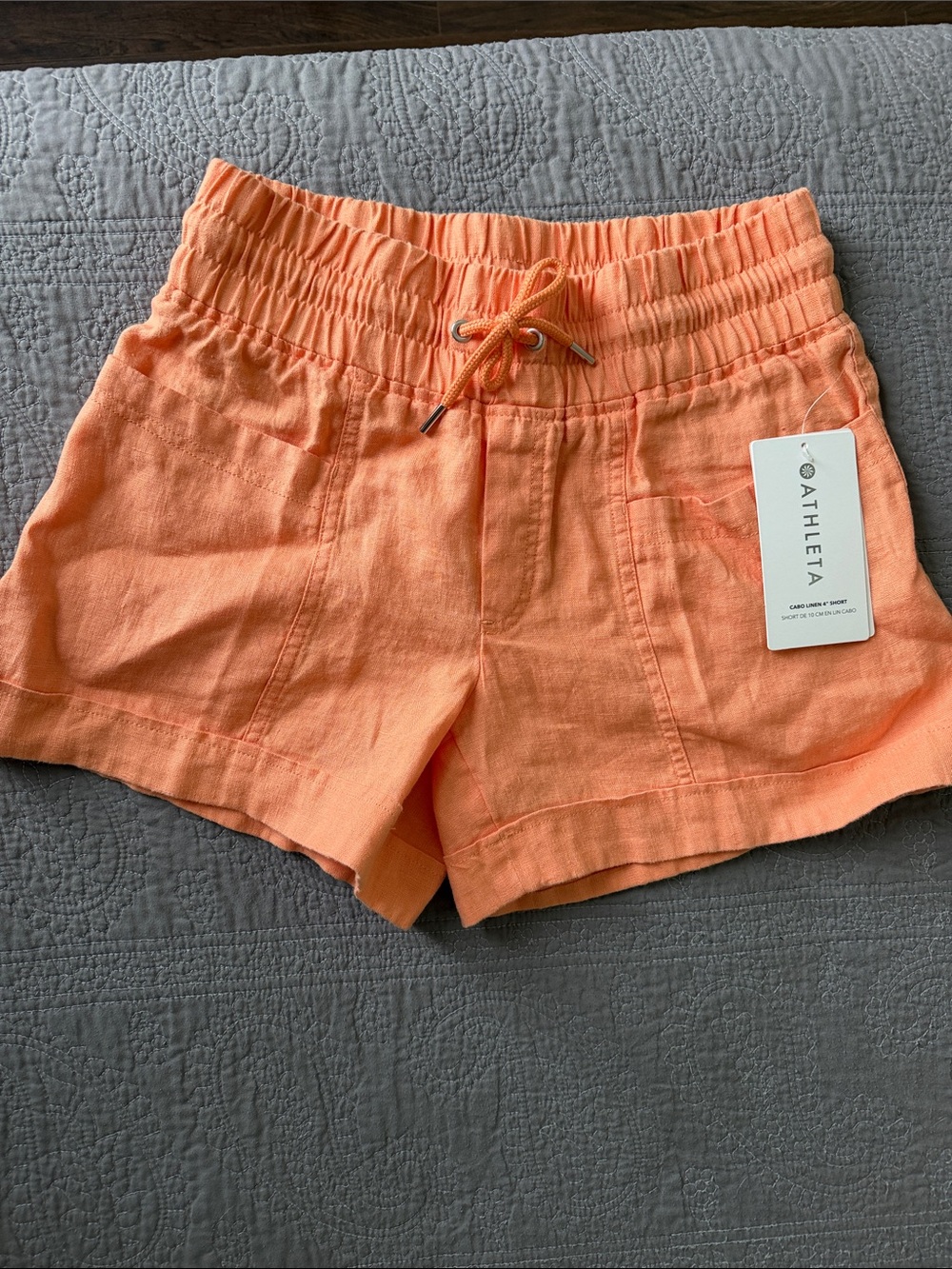 Athleta Coral-Orange Elastic Waist Linen-Blend Shorts